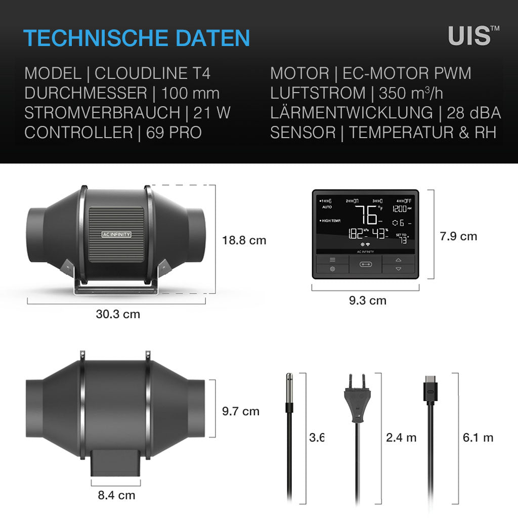 AC Infinity CLOUDLINE PRO T4, leises Inline-Lüftersystem mit Temperatur- und Feuchtigkeitssteuerung, 100 mm