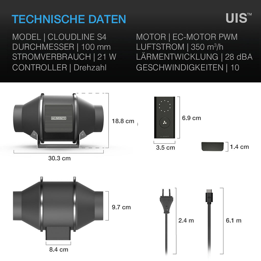 AC Infinity CLOUDLINE PRO S4, leises Inline-Lüftersystem mit Drehzahlregler, 100 mm