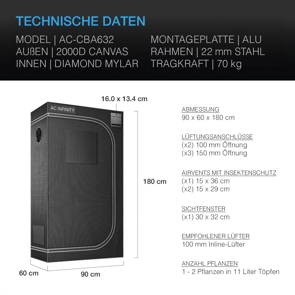 AC Infinity CLOUDLAB 632, Advanced Growbox, 90x60x180cm